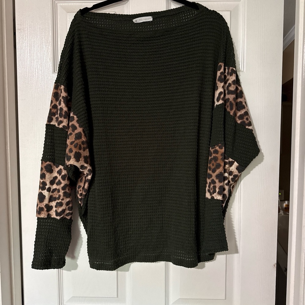 Olive Green Waffle Knit Crewneck Sweater with Leopard Sleeve Panels